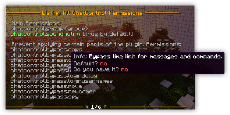 Permission command output showing all available permissions